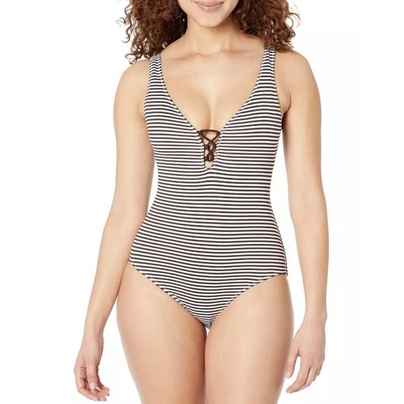 TOMMY BAHAMA Breaker Bay Reversible One-Piece Swimsuit 12 Brown Lace Back NWT - Picture 1 of 11